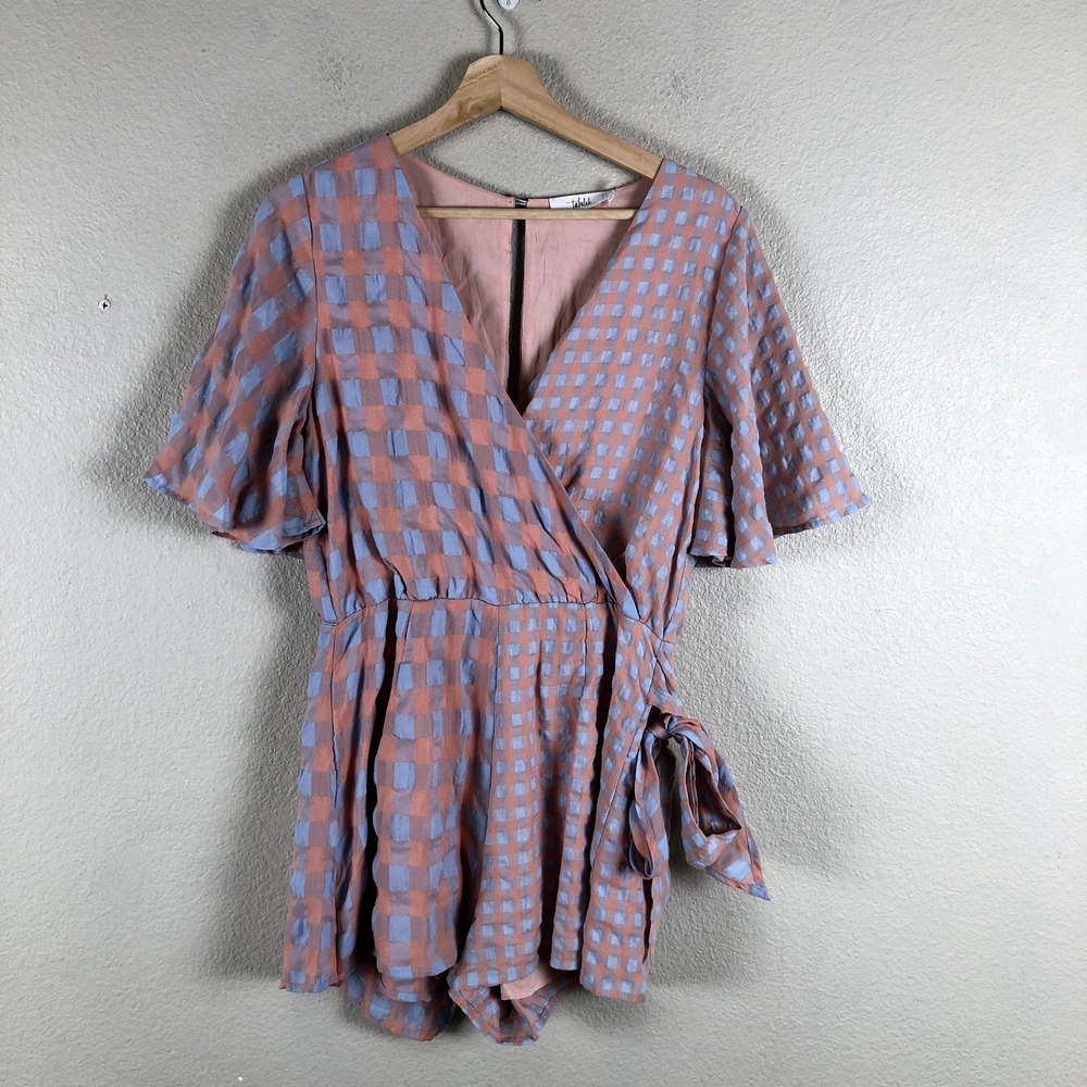 Aritzia Talulah Faux Wrap Romper Women S Blue Peach Check Shorts Vacation Preppy